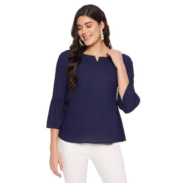 BRINNS_Stylish_Notched_Neck_Bell_Sleeve_A-Line_Top_-_Three-Quarter_Sleeves_and_Woven_Fabric