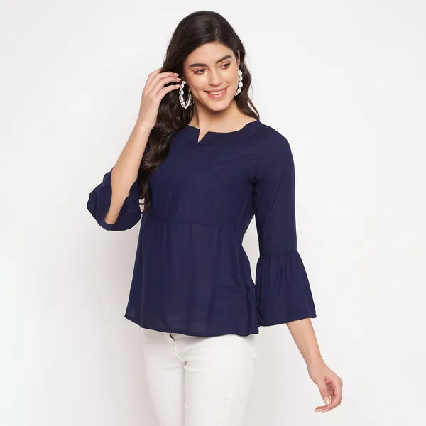 BRINNS_Stylish_Notched_Neck_Bell_Sleeve_A-Line_Top_-_Three-Quarter_Sleeves_and_Woven_Fabric