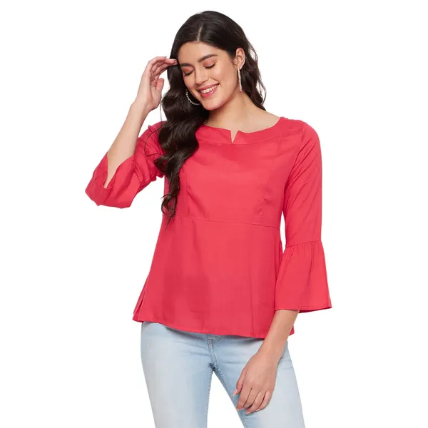 BRINNS_Stylish_Notched_Neck_Bell_Sleeve_A-Line_Top_-_Three-Quarter_Sleeves_and_Woven_Fabric