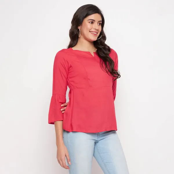 BRINNS_Stylish_Notched_Neck_Bell_Sleeve_A-Line_Top_-_Three-Quarter_Sleeves_and_Woven_Fabric
