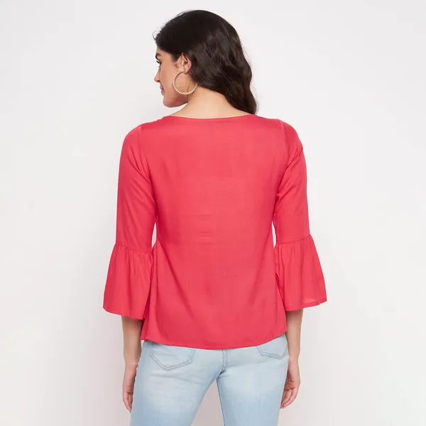 BRINNS_Stylish_Notched_Neck_Bell_Sleeve_A-Line_Top_-_Three-Quarter_Sleeves_and_Woven_Fabric