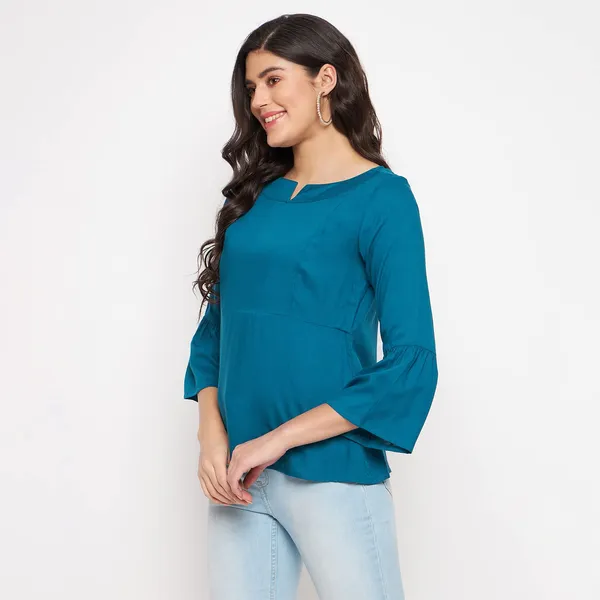 BRINNS_Stylish_Notched_Neck_Bell_Sleeve_A-Line_Top_-_Three-Quarter_Sleeves_and_Woven_Fabric