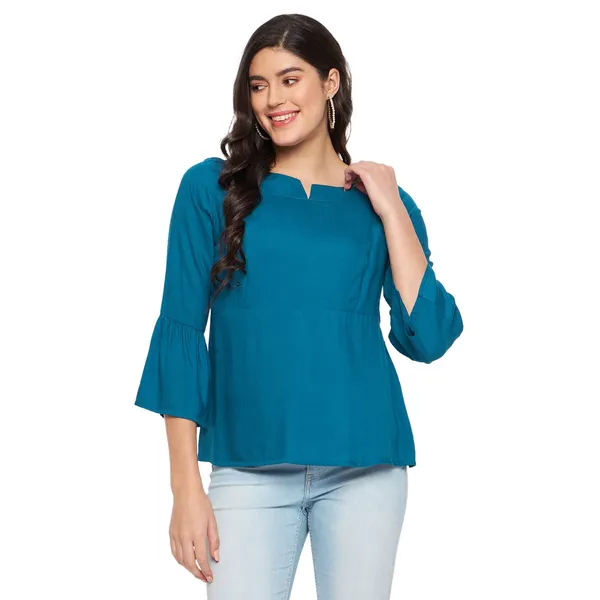 BRINNS_Stylish_Notched_Neck_Bell_Sleeve_A-Line_Top_-_Three-Quarter_Sleeves_and_Woven_Fabric