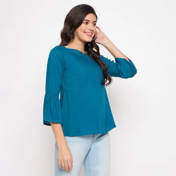 BRINNS_Stylish_Notched_Neck_Bell_Sleeve_A-Line_Top_-_Three-Quarter_Sleeves_and_Woven_Fabric