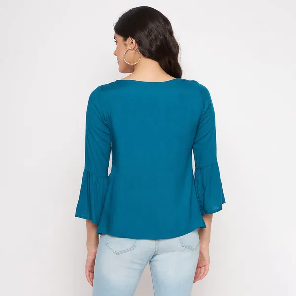 BRINNS_Stylish_Notched_Neck_Bell_Sleeve_A-Line_Top_-_Three-Quarter_Sleeves_and_Woven_Fabric