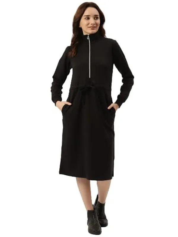 BRINNS_Mock_Neck_Fleece_Midi_Dress_with_Long_Cuffed_Sleeves,_Zip_Closure_-_Solid_Jumper_Style