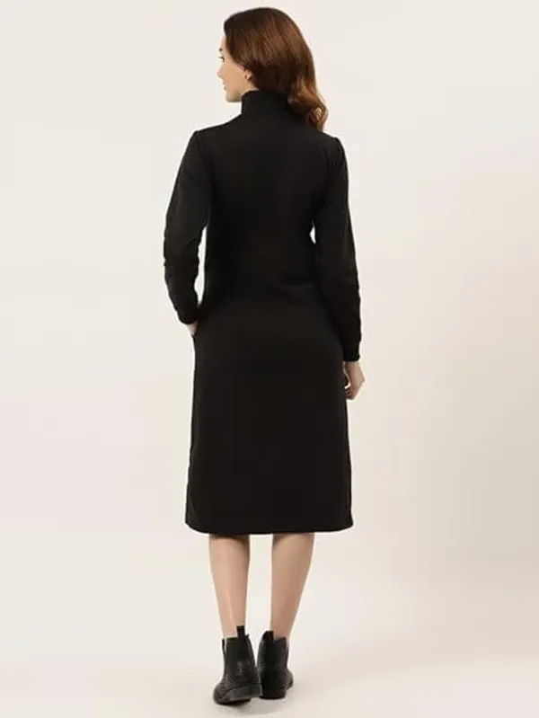 BRINNS_Mock_Neck_Fleece_Midi_Dress_with_Long_Cuffed_Sleeves,_Zip_Closure_-_Solid_Jumper_Style