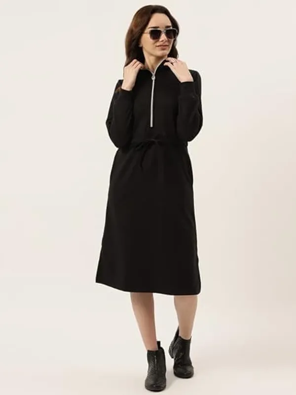 BRINNS_Mock_Neck_Fleece_Midi_Dress_with_Long_Cuffed_Sleeves,_Zip_Closure_-_Solid_Jumper_Style