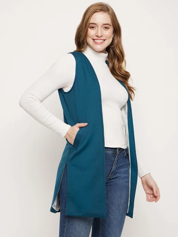 Teal_Cotton_Blend_Fleece_Shrug_For_Women
