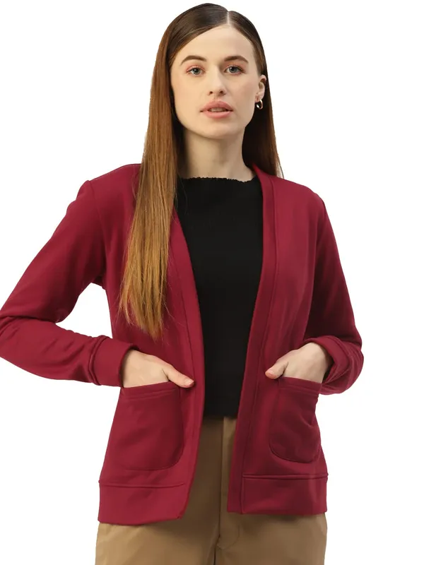 Maroon_Cotton_Blend_Fleece_Jackets_For_Women