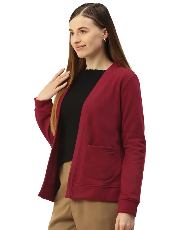 Maroon_Cotton_Blend_Fleece_Jackets_For_Women
