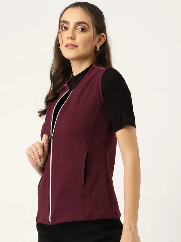 Burgundy_Cotton_Blend_Fleece_Jackets_For_Women