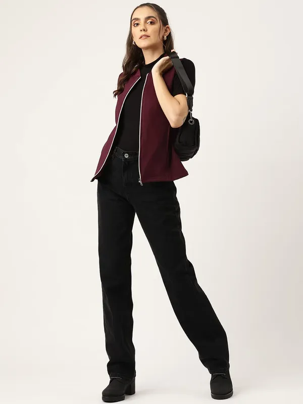 Burgundy_Cotton_Blend_Fleece_Jackets_For_Women