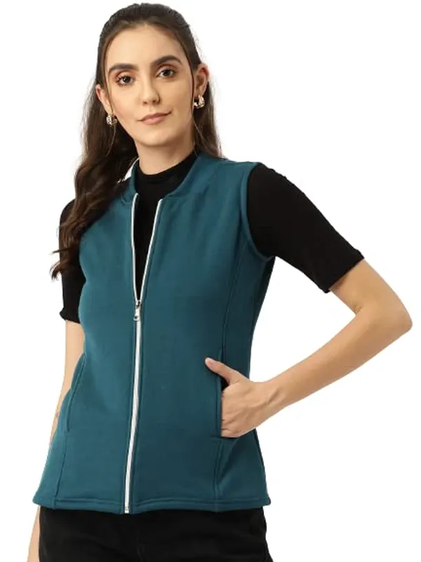 Teal_Cotton_Blend_Fleece_Jackets_For_Women