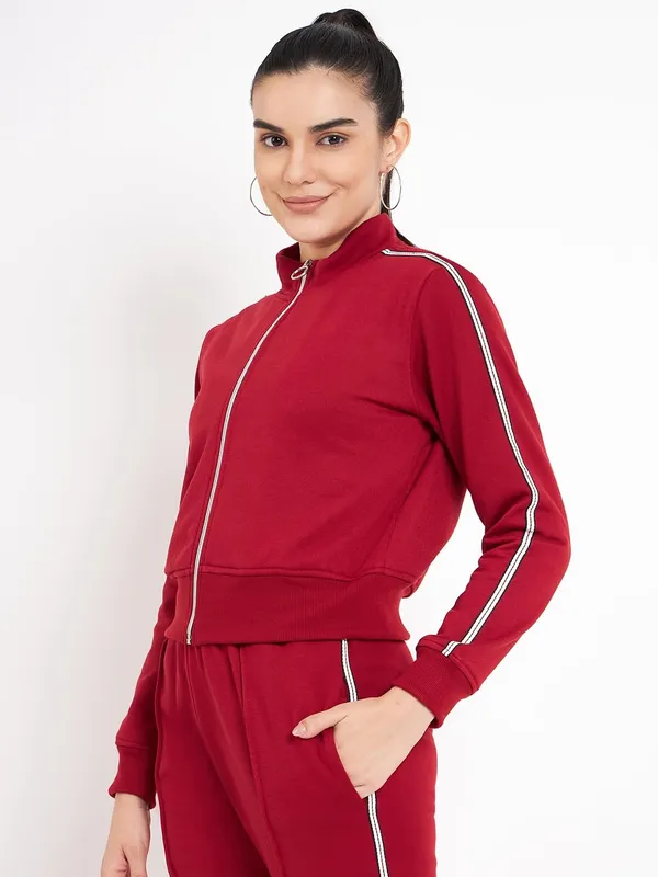 Maroon_Cotton_Blend_Fleece_Jackets_For_Women