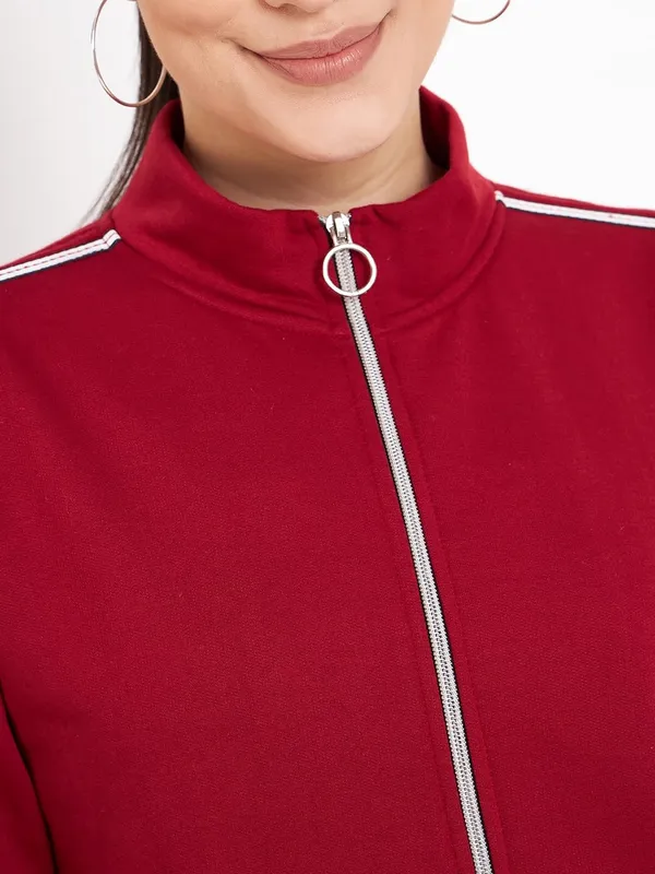 Maroon_Cotton_Blend_Fleece_Jackets_For_Women