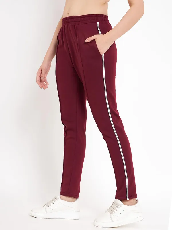 Burgundy_Cotton_Blend_Fleece_Track_Pants_For_Women