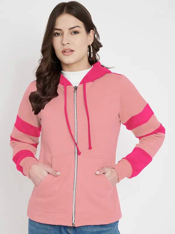 BRINNS_Women_Teal_Blue_&_Burgundy_Striped_Fleece_Hooded_Sweatshirt