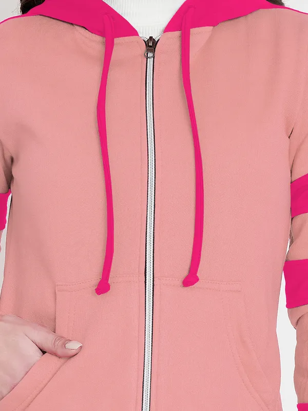 BRINNS_Women_Teal_Blue_&_Burgundy_Striped_Fleece_Hooded_Sweatshirt