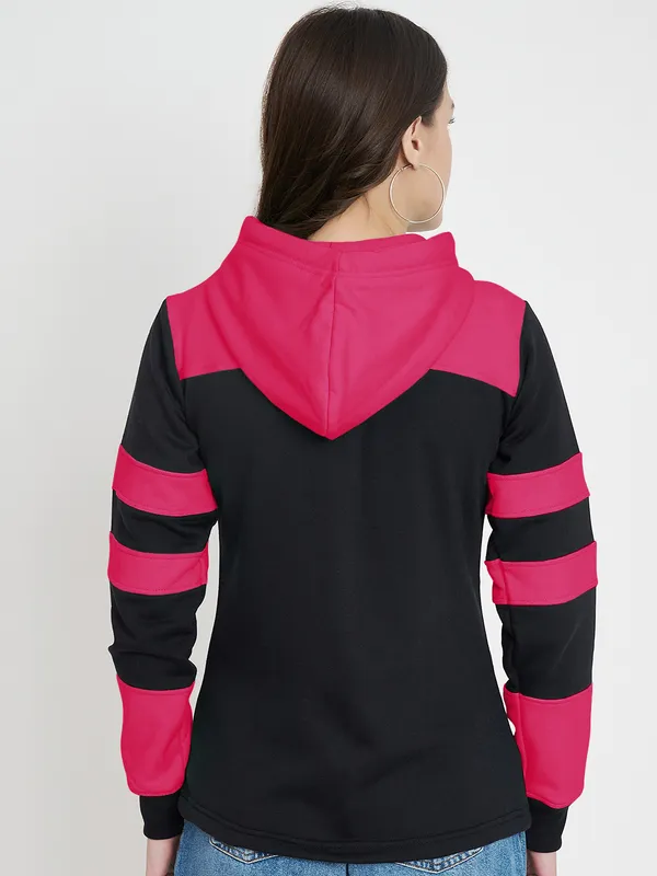 BRINNS_Women_Teal_Blue_&_Burgundy_Striped_Fleece_Hooded_Sweatshirt