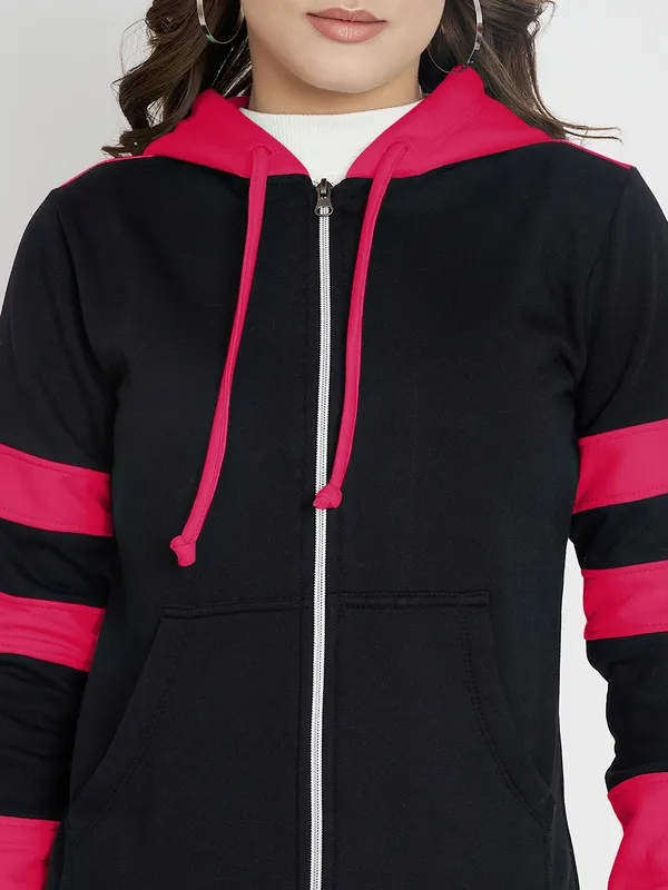 BRINNS_Women_Teal_Blue_&_Burgundy_Striped_Fleece_Hooded_Sweatshirt