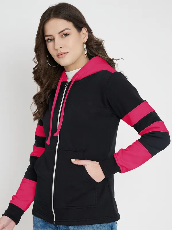 BRINNS_Women_Teal_Blue_&_Burgundy_Striped_Fleece_Hooded_Sweatshirt