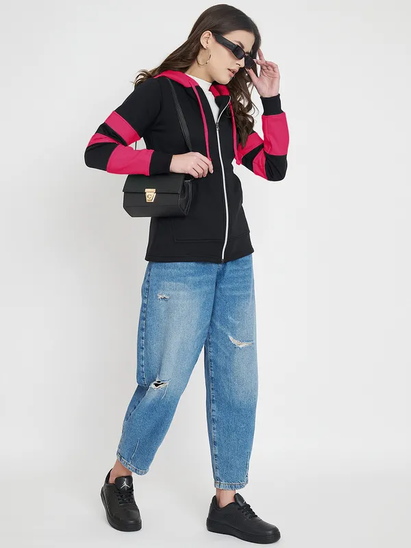 BRINNS_Women_Teal_Blue_&_Burgundy_Striped_Fleece_Hooded_Sweatshirt