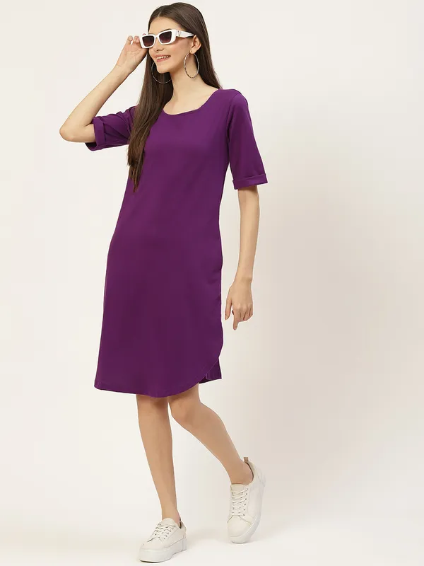 BRINNS_Purple_Solid_Pure_Cotton_A-Line_Midi_Dress