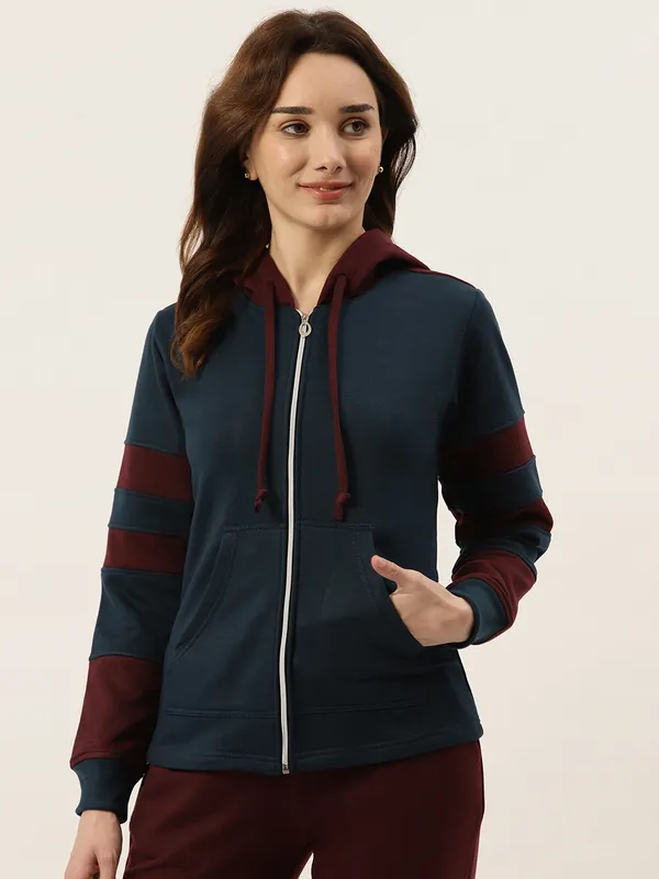 BRINNS_Women_Teal_Blue_&_Burgundy_Striped_Fleece_Hooded_Sweatshirt