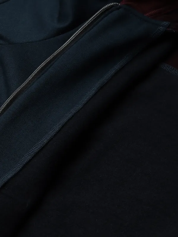 BRINNS_Women_Teal_Blue_&_Burgundy_Striped_Fleece_Hooded_Sweatshirt