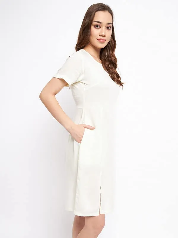 BRINNS_Women's_Round_Neck_A-Line_Knee_Length_Dress_with_Flared_Hem_and_2_Pockets_-_Short_Sleeves,_Regular_Fit,_Made_of_Viscose_Rayon,_Hand_Washable
