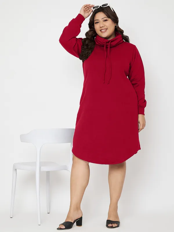 Plus_Size_Hooded_Cowl_Neck_Cuffed_Sleeves_Jumper_Dress