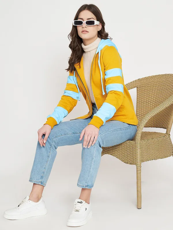 BRINNS_Women_Teal_Blue_&_Burgundy_Striped_Fleece_Hooded_Sweatshirt