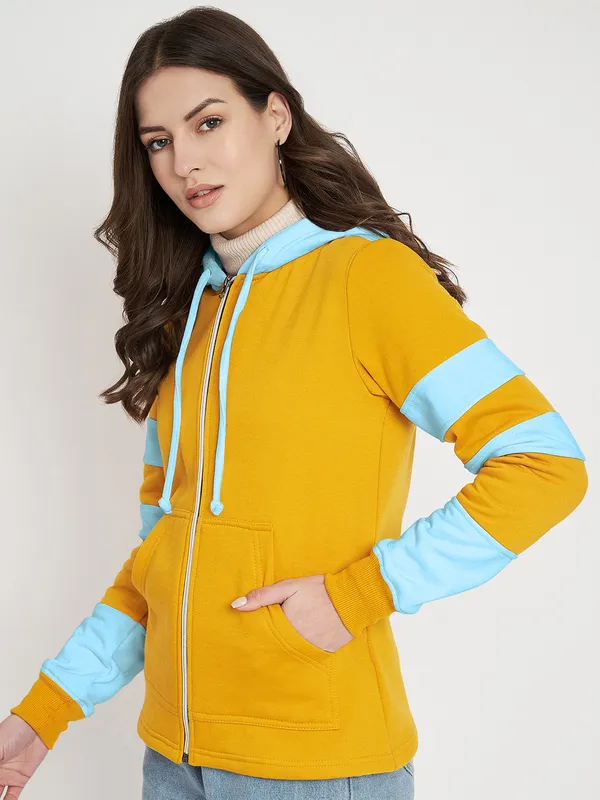BRINNS_Women_Teal_Blue_&_Burgundy_Striped_Fleece_Hooded_Sweatshirt
