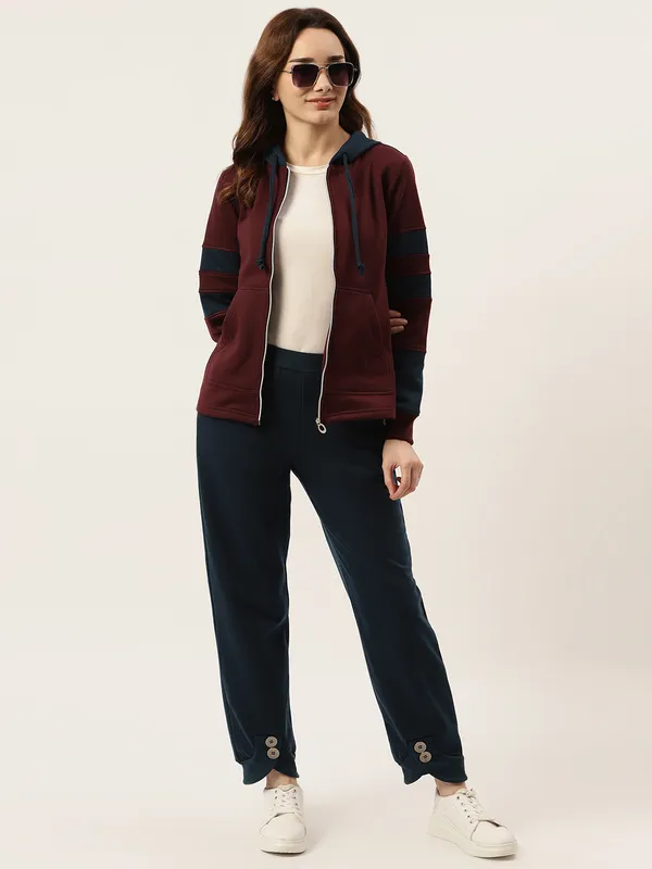BRINNS_Women_Teal_Blue_&_Burgundy_Striped_Fleece_Hooded_Sweatshirt