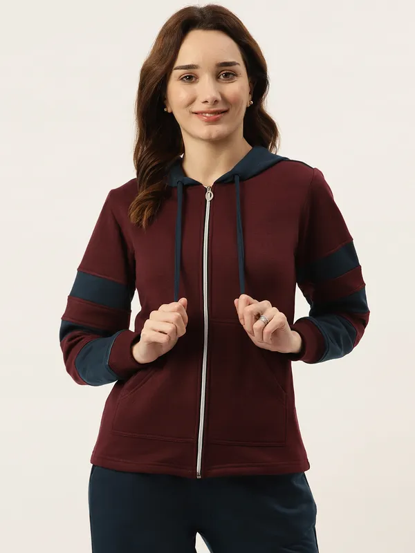 BRINNS_Women_Teal_Blue_&_Burgundy_Striped_Fleece_Hooded_Sweatshirt