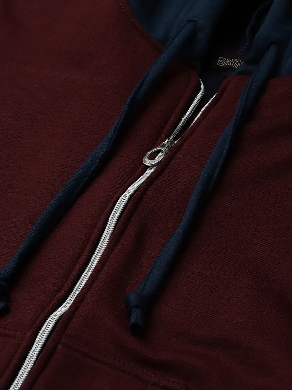 BRINNS_Women_Teal_Blue_&_Burgundy_Striped_Fleece_Hooded_Sweatshirt