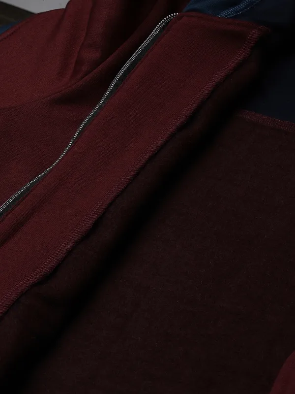 BRINNS_Women_Teal_Blue_&_Burgundy_Striped_Fleece_Hooded_Sweatshirt