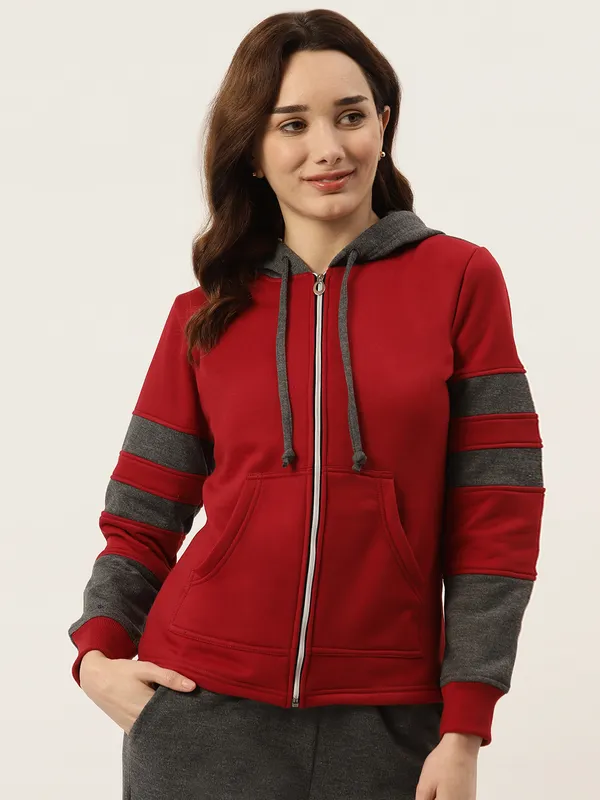 BRINNS_Women_Teal_Blue_&_Burgundy_Striped_Fleece_Hooded_Sweatshirt