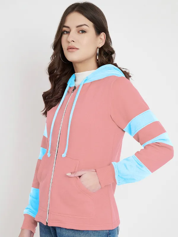 BRINNS_Women_Teal_Blue_&_Burgundy_Striped_Fleece_Hooded_Sweatshirt