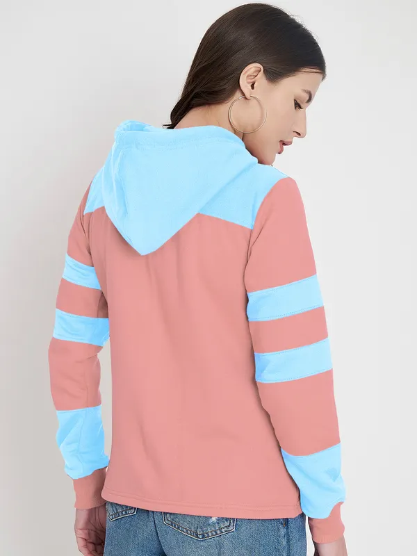 BRINNS_Women_Teal_Blue_&_Burgundy_Striped_Fleece_Hooded_Sweatshirt