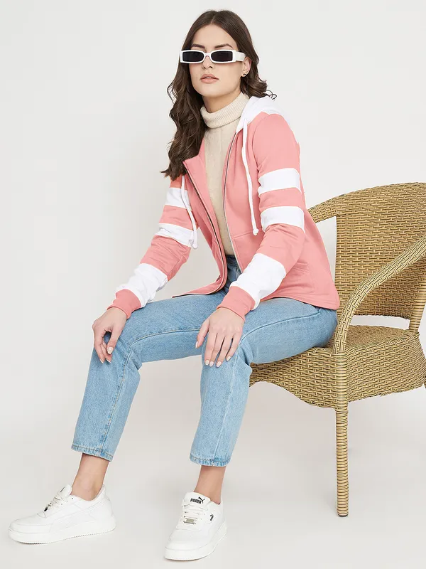 BRINNS_Women_Teal_Blue_&_Burgundy_Striped_Fleece_Hooded_Sweatshirt