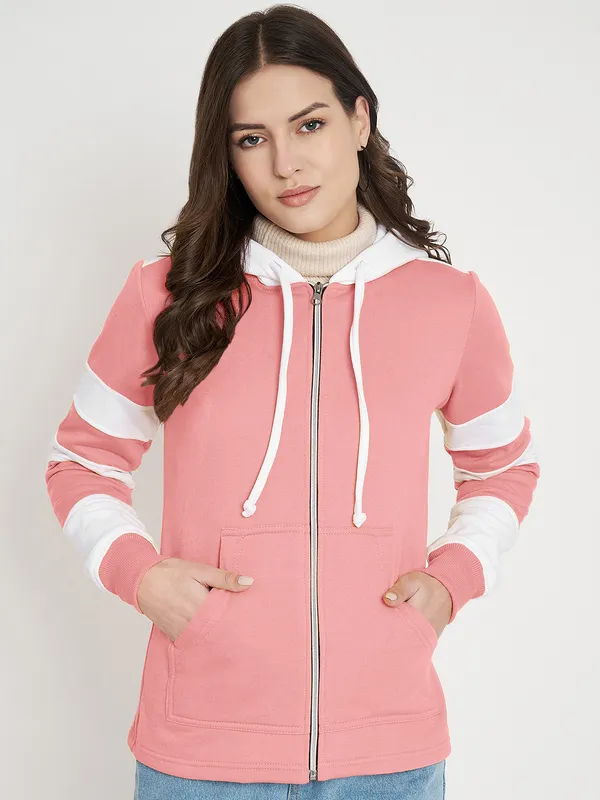 BRINNS_Women_Teal_Blue_&_Burgundy_Striped_Fleece_Hooded_Sweatshirt