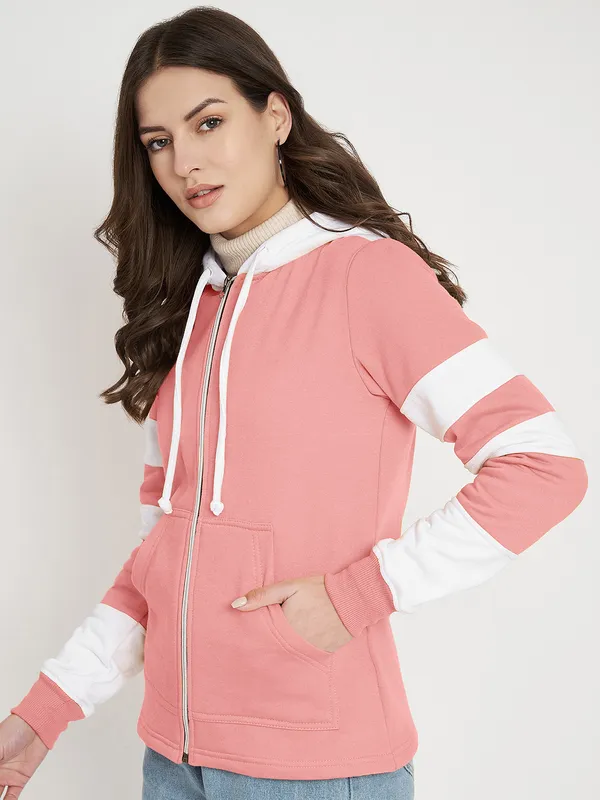 BRINNS_Women_Teal_Blue_&_Burgundy_Striped_Fleece_Hooded_Sweatshirt