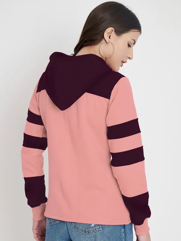 BRINNS_Women_Teal_Blue_&_Burgundy_Striped_Fleece_Hooded_Sweatshirt