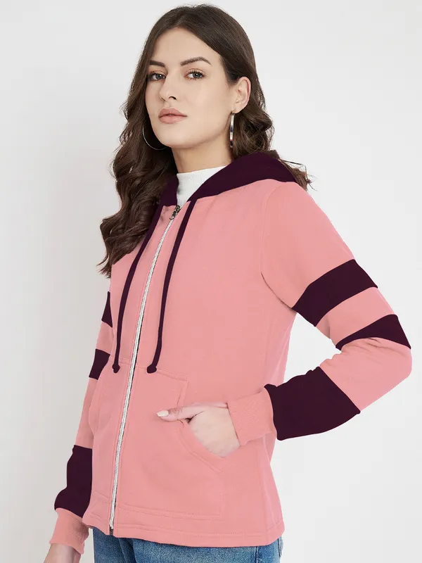 BRINNS_Women_Teal_Blue_&_Burgundy_Striped_Fleece_Hooded_Sweatshirt