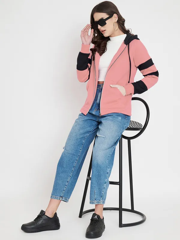 BRINNS_Women_Teal_Blue_&_Burgundy_Striped_Fleece_Hooded_Sweatshirt
