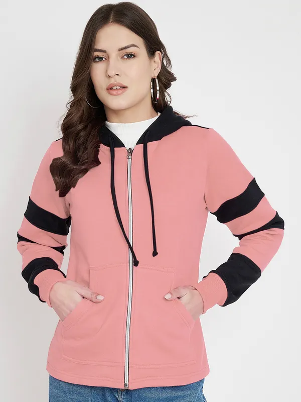 BRINNS_Women_Teal_Blue_&_Burgundy_Striped_Fleece_Hooded_Sweatshirt