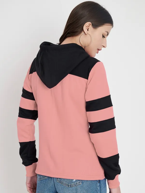 BRINNS_Women_Teal_Blue_&_Burgundy_Striped_Fleece_Hooded_Sweatshirt