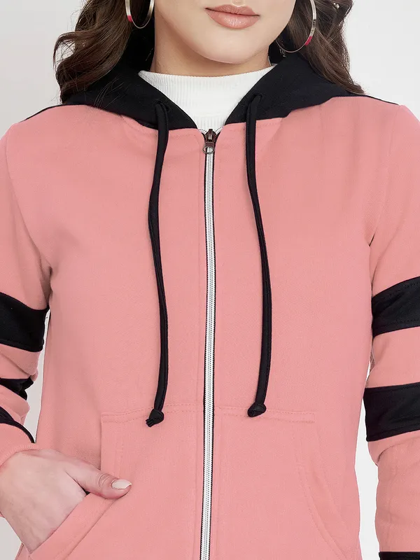 BRINNS_Women_Teal_Blue_&_Burgundy_Striped_Fleece_Hooded_Sweatshirt